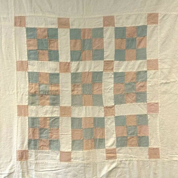 Handmade Baby Quilt Pastel Pink & Blue Patchwork Flannel Soft 38x47 - Picture 2 of 5